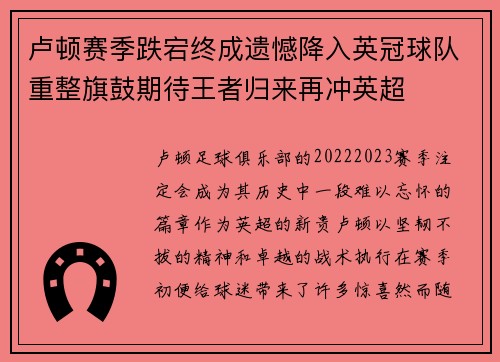 卢顿赛季跌宕终成遗憾降入英冠球队重整旗鼓期待王者归来再冲英超